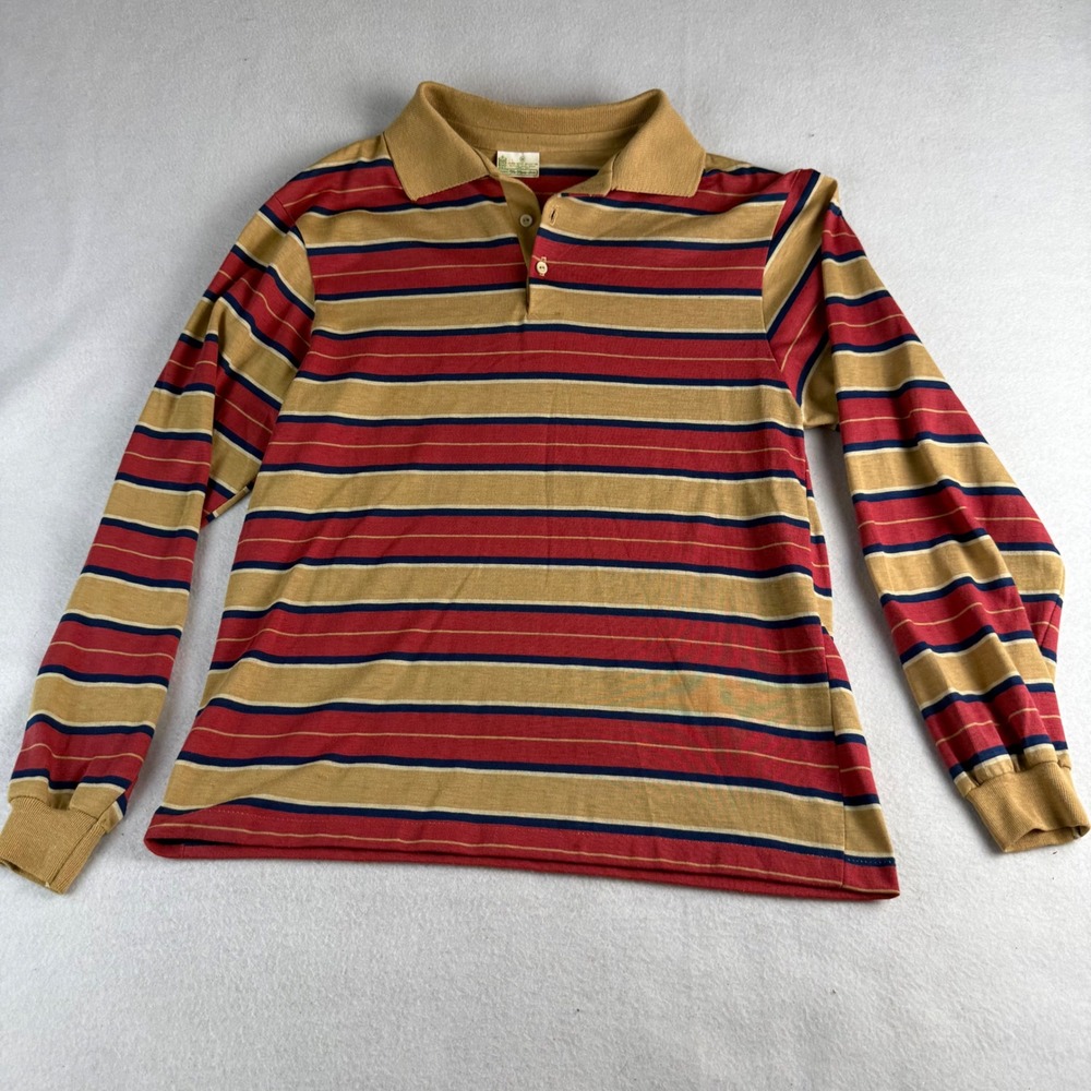 Vintage Kings Road Sears Men's Medium Long Sleeve Striped Polo Shirt Mustard Red